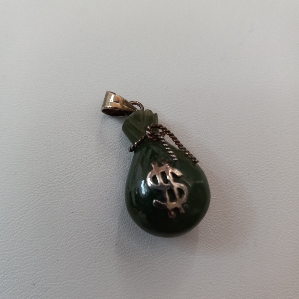Vintage 1960s Lucky Money Bag Carved Nephrite Jade and Sterling Silver Pendant